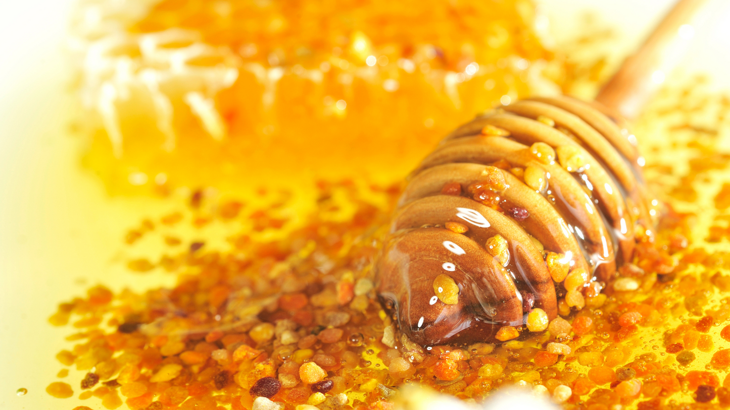 Honey dipper covered in raw honey and pollen.