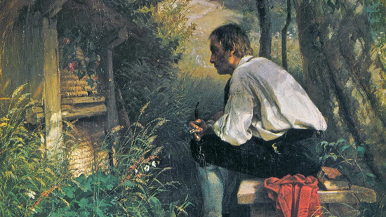 A painting of a man sitting on a bench by a hive.