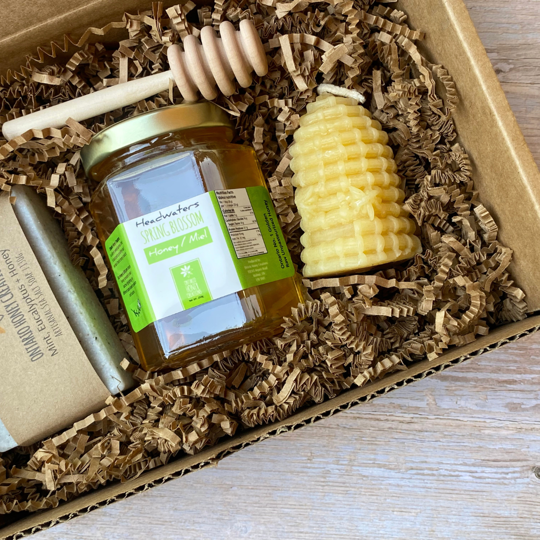 Holiday gift box with honey comb, creamed honey, soap, honey and more.