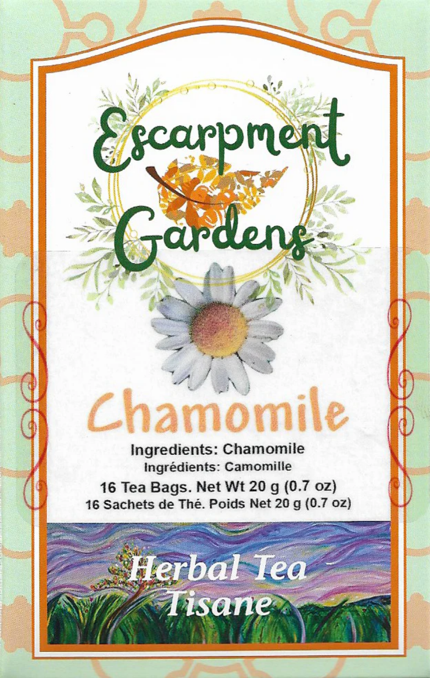 Tea bag packaging for Escarpment Gardens Chamomile Herbal Tea with floral design and text.