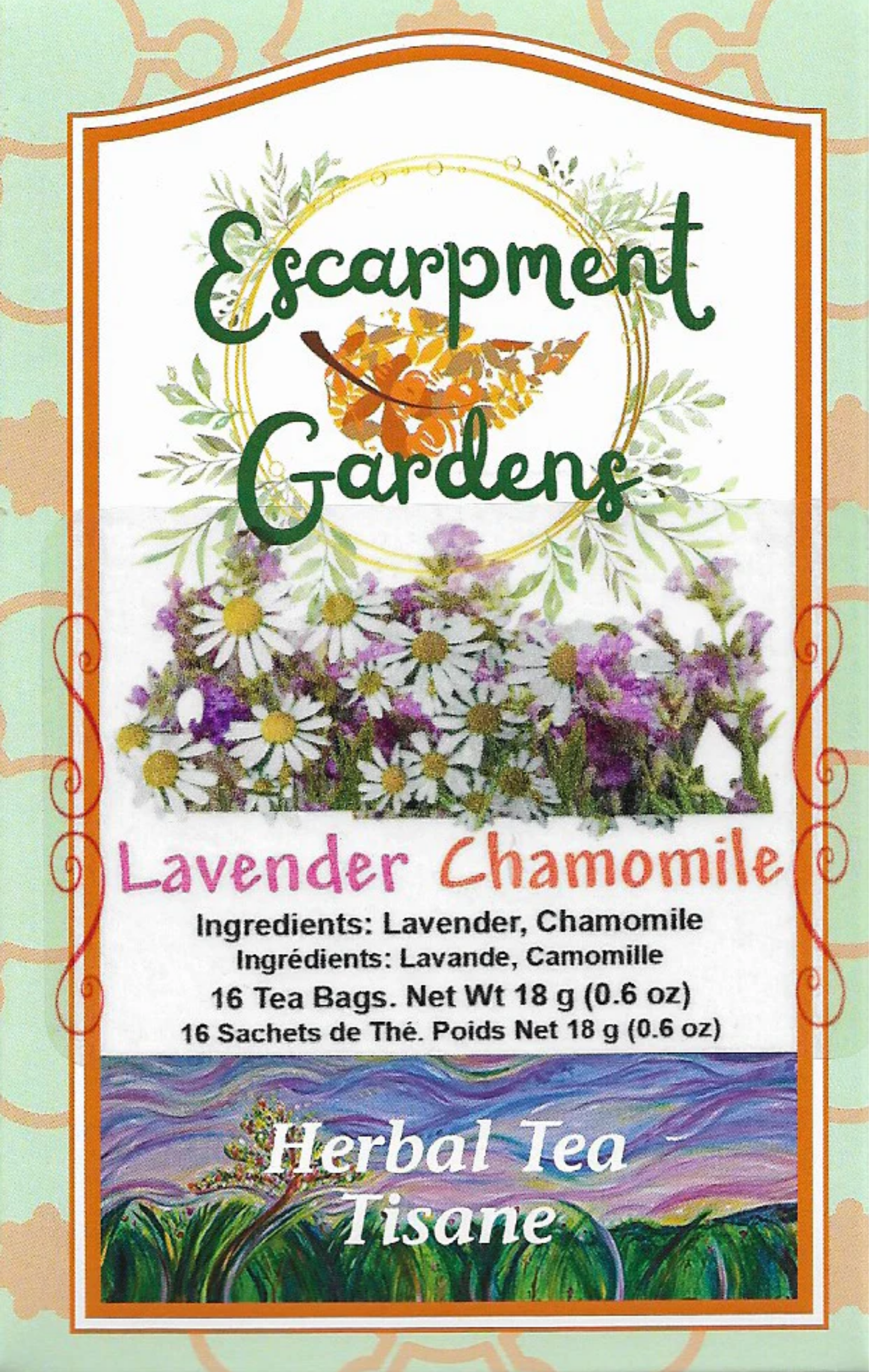 Tea bag packaging for Lavender Chamomile herbal tea from Escarpment Gardens on a light green background.