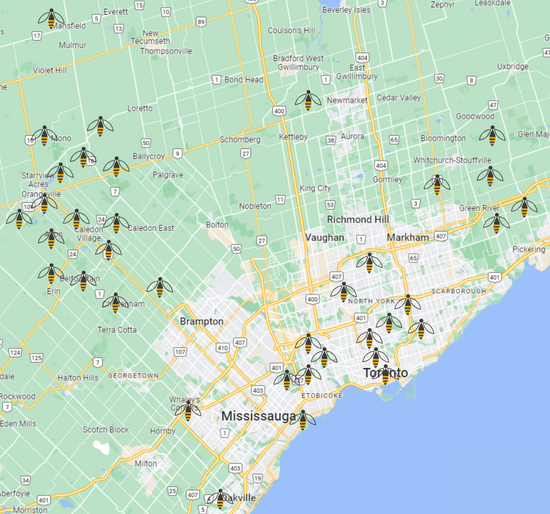 Map of the GTA and surrounding area with bee icons highlighting where our hives are located.