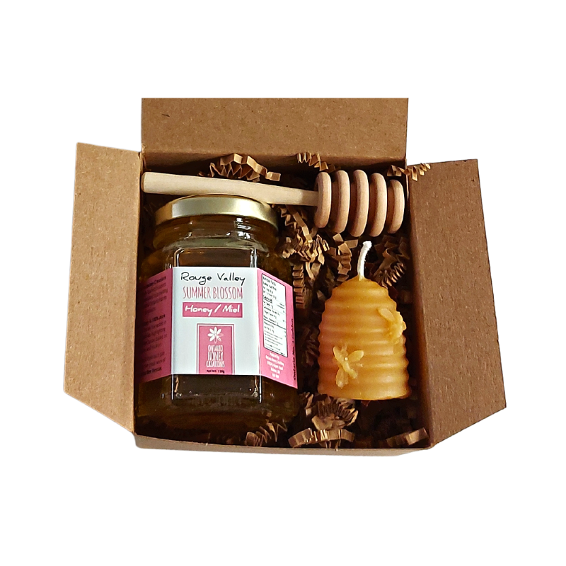 Honey Favour Gift Box with Beexwax Candle, Honey Dipper, and Small Honey