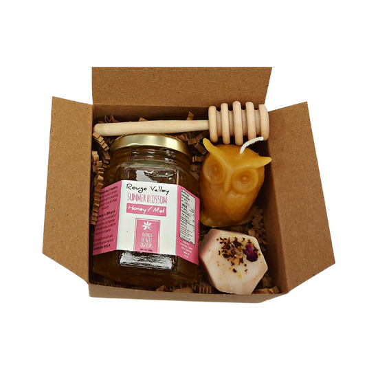Honey Favour Gift Box with Beexwax Candle, Honey Dipper, Small hexagonal honey soap, and Small Honey