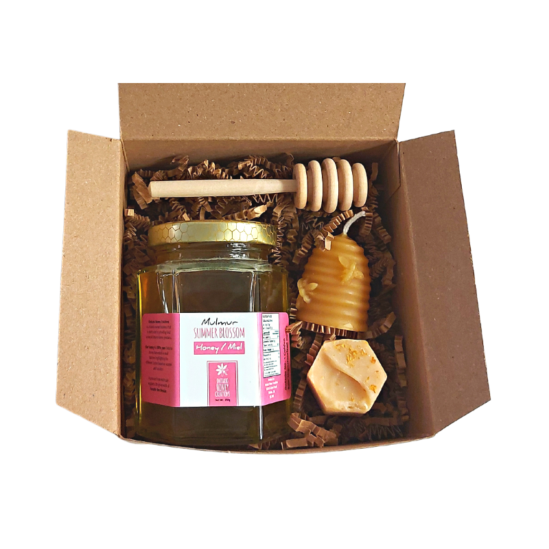 Honey Favour Gift Box with Beexwax Candle, Honey Dipper, Small hexagonal honey soap, and Small Honey