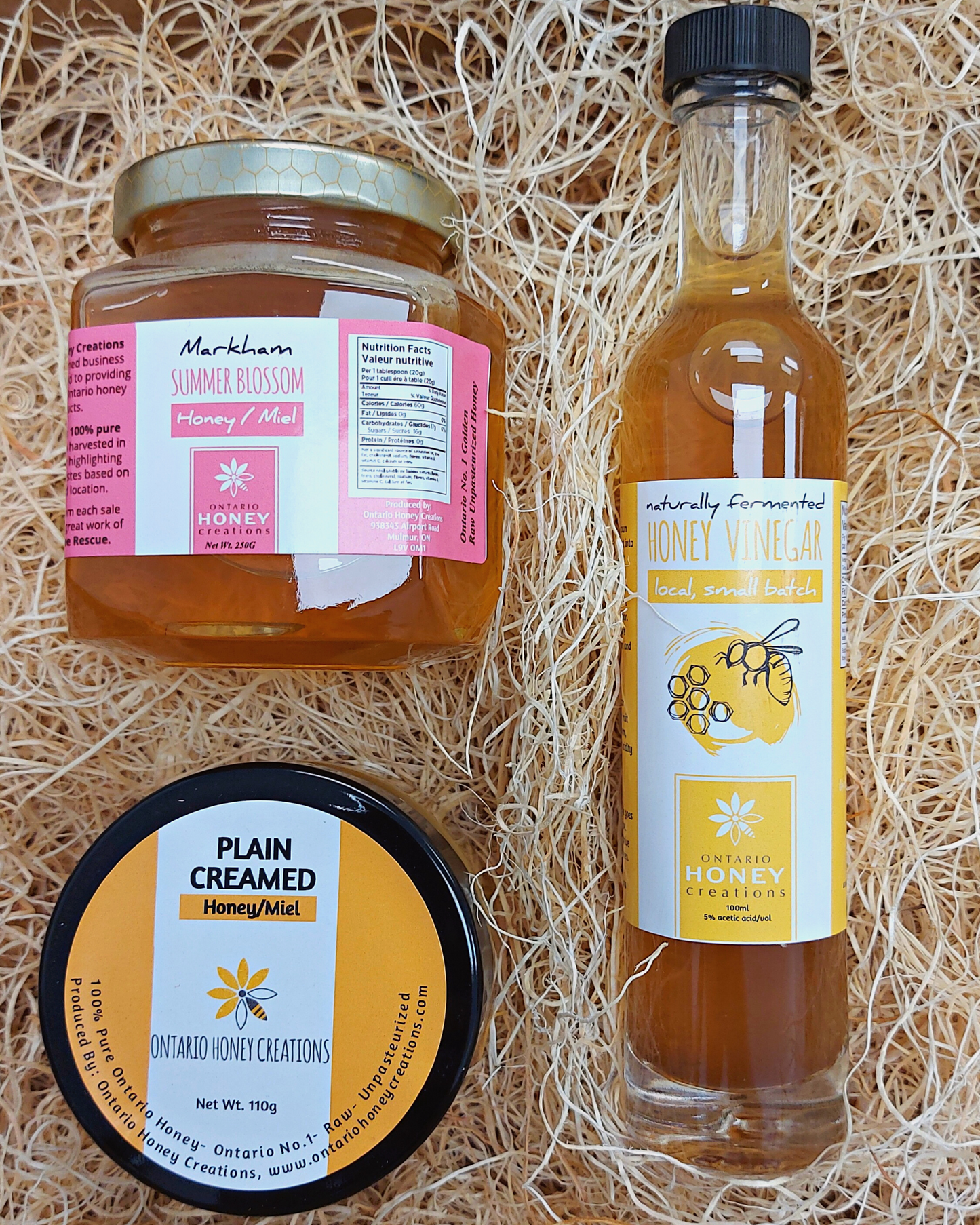 Gift box with Honey Vinegar, Plain Creamed Honey, and Summer Blossom Honey