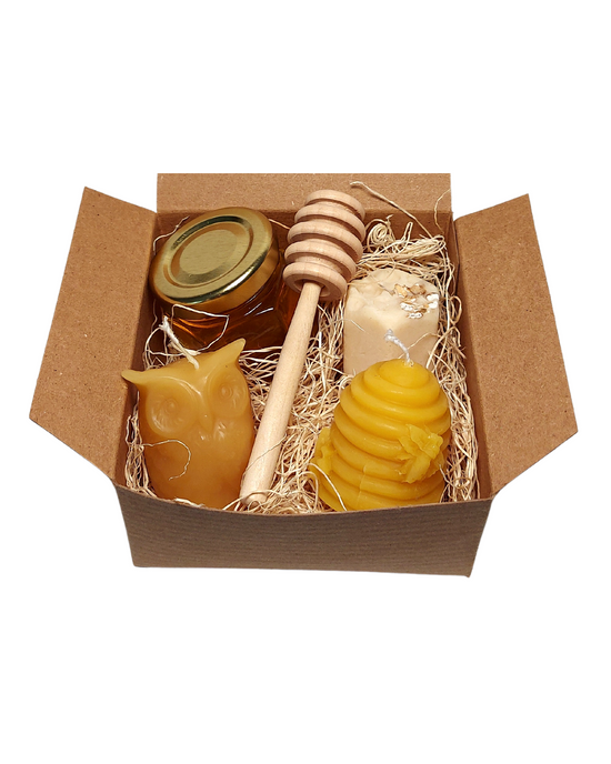 Mini gift set with Honey Favour, honey dipper, small beeswax candles, and mini soap. 