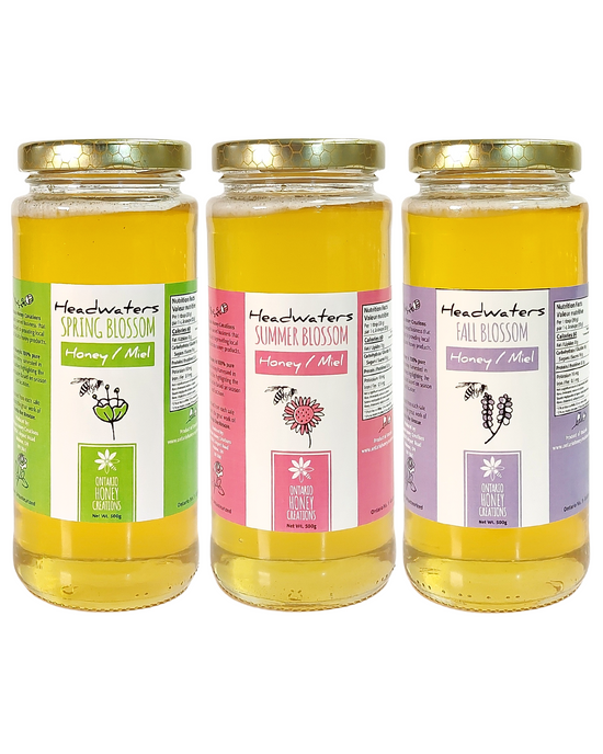 Headwaters Honey, Spring, Summer, and Fall Blossom. 